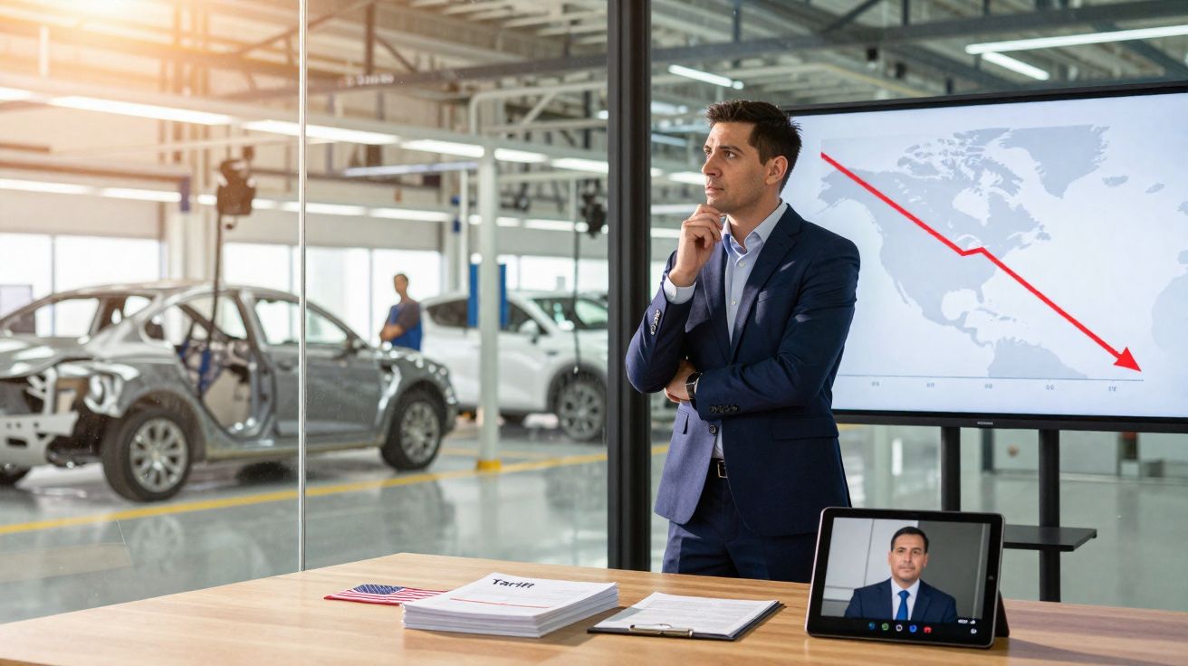 Homem de negócios preocupado em escritório com gráfico a descer e vídeo chamada numa fábrica de automóveis.
