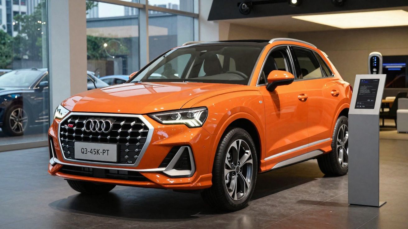 Audi Q3 em laranja exposto em sala de showroom moderna com informação do veículo ao lado.