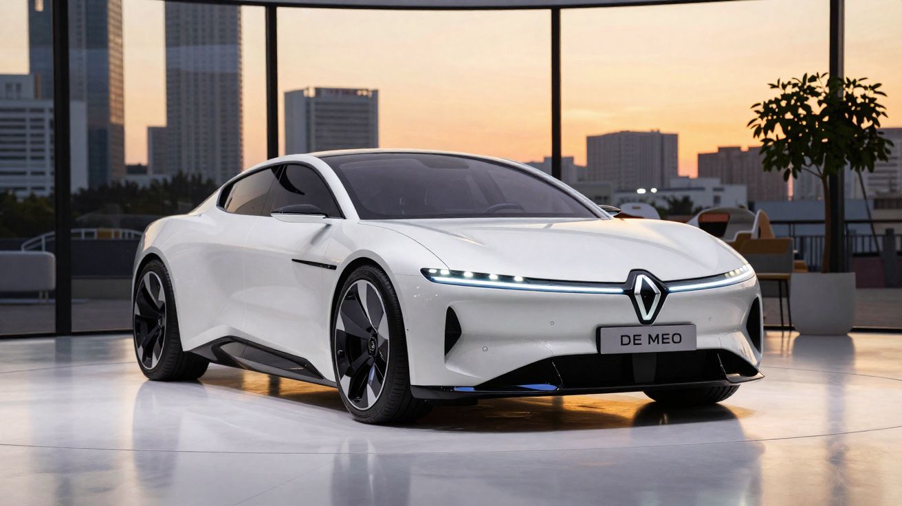 Carro branco elétrico desportivo da Renault estacionado em interior moderno ao pôr do sol.