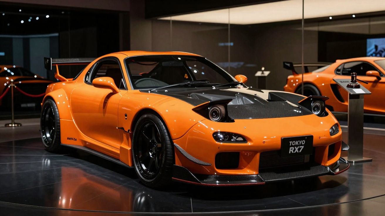 Carro desportivo laranja com capô preto e placas "Tokyo RX7" em exposição interior moderna.