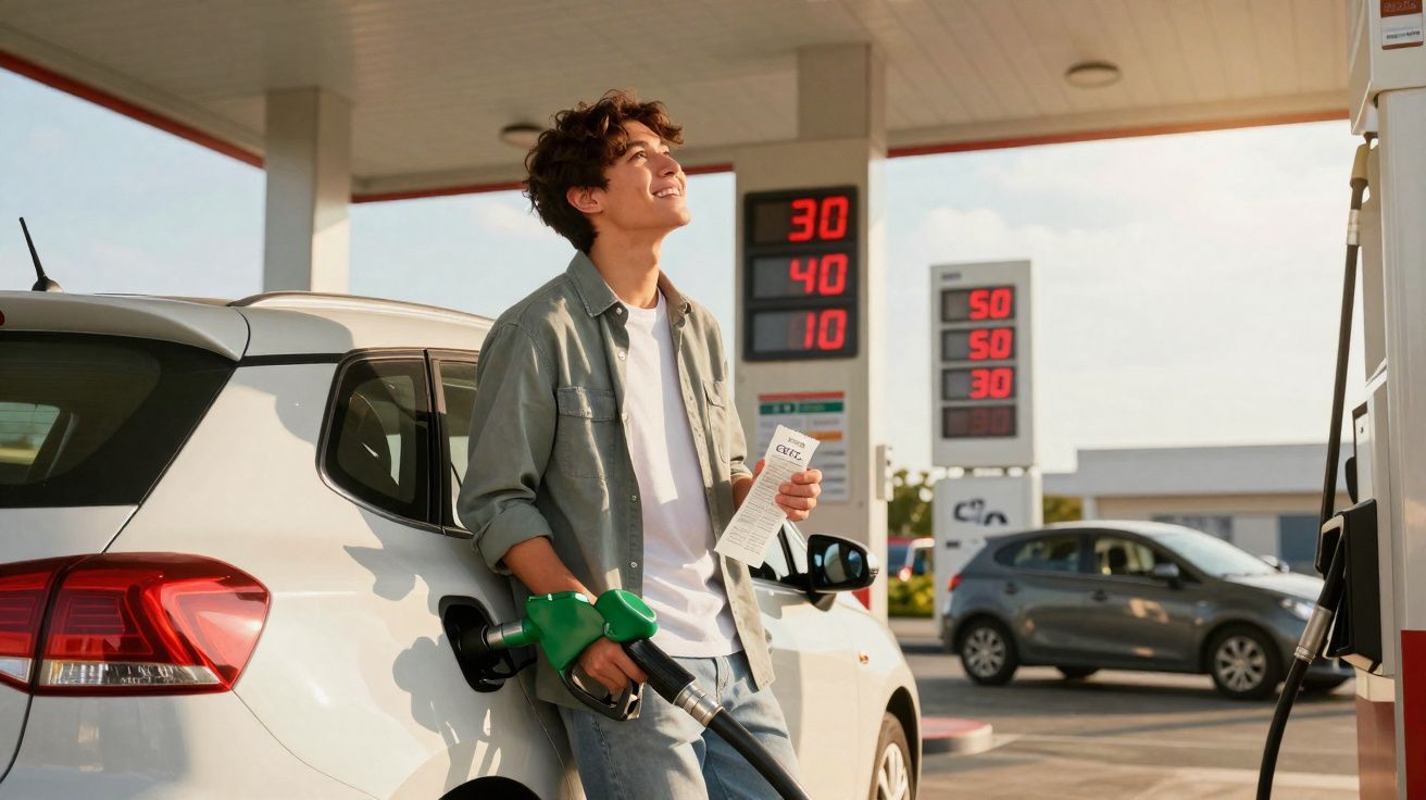 Jovem feliz abastece carro branco numa bomba de gasolina ao pôr do sol, segurando recibo e olhando para cima.
