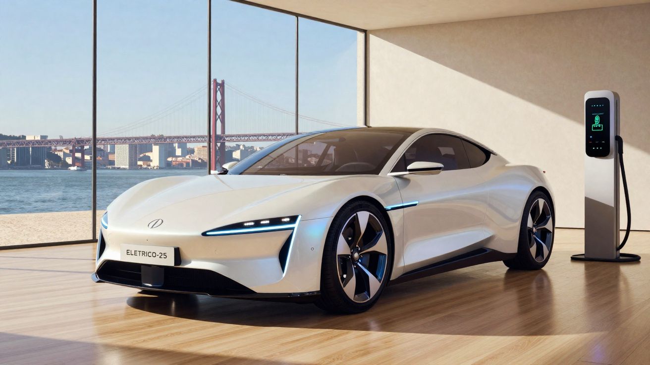 Carro elétrico branco modelo Eletrico-25 estacionado dentro de sala com carregador e ponte ao fundo.