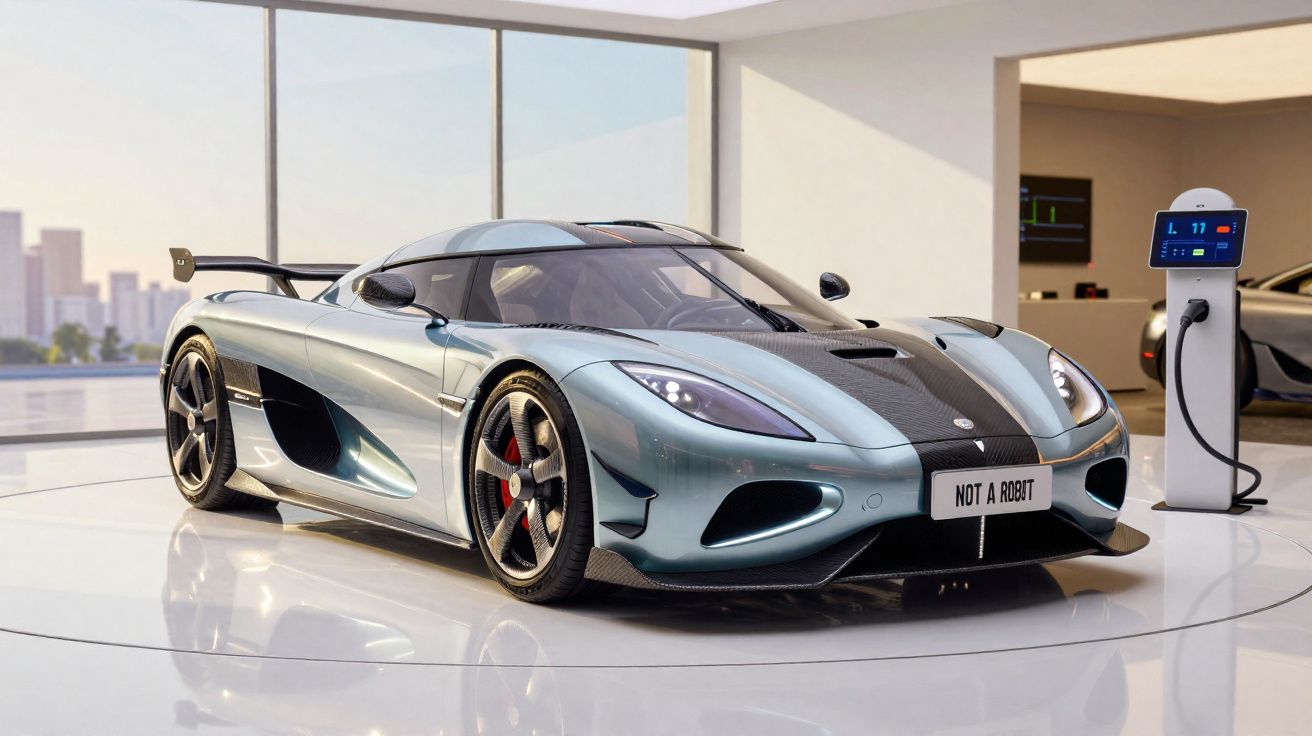 Carro desportivo elétrico de cor prata em exposição com carregador junto à parede e cidade ao fundo.