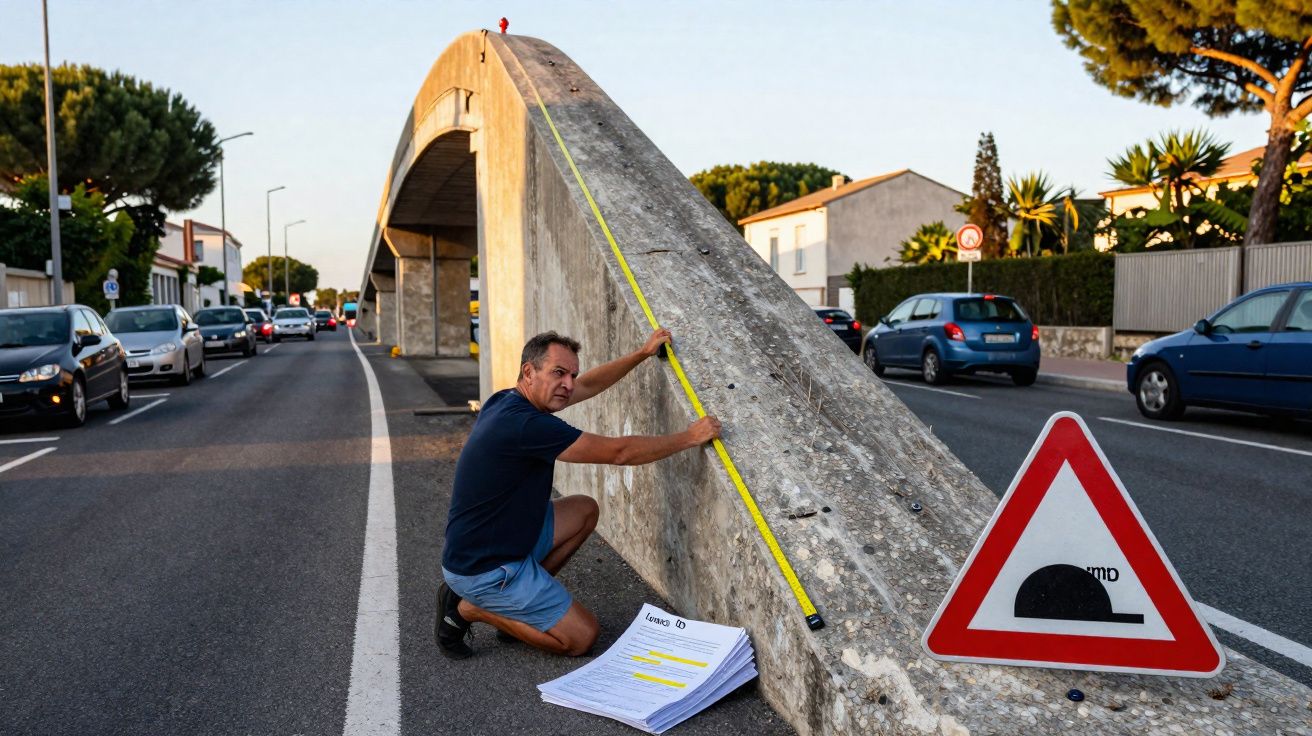 Homem mede altura de estrutura em estrada com fita métrica e sinal de passadeira elevada.