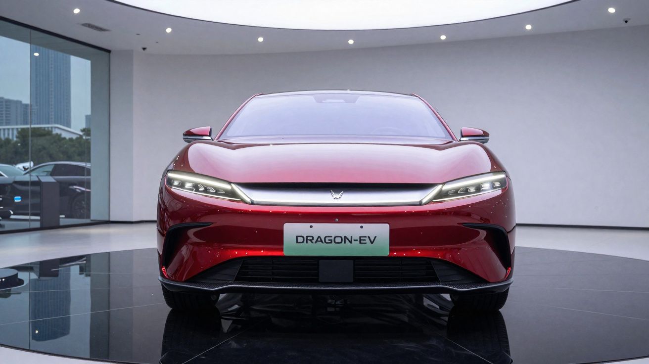 Carro elétrico vermelho Dragon-EV em exibição num espaço moderno e minimalista.