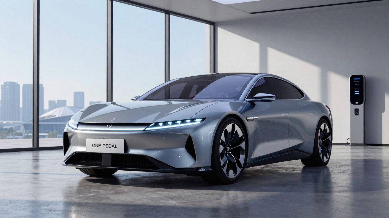 Carro elétrico desportivo cinzento estacionado interior com carregador ligado numa parede e janelas amplas.