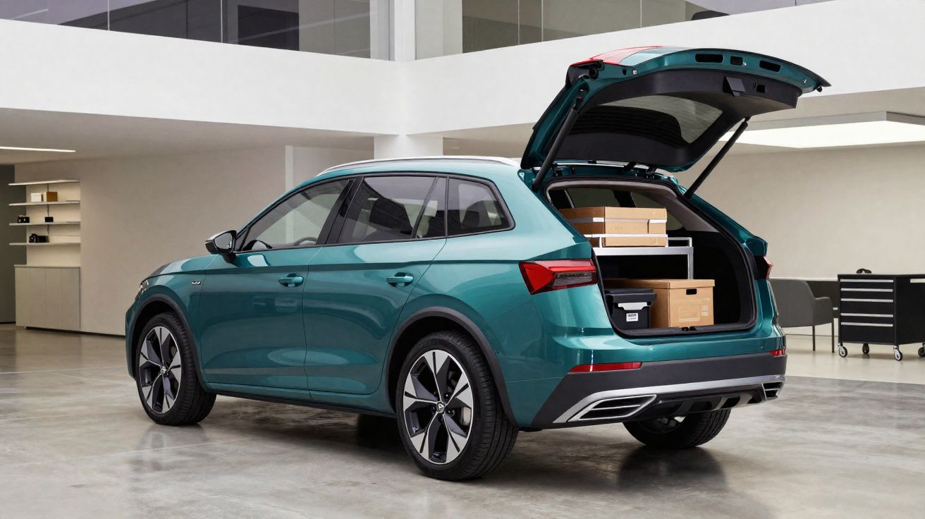 SUV verde estacionado em piso interior com a mala traseira aberta e caixas no interior.