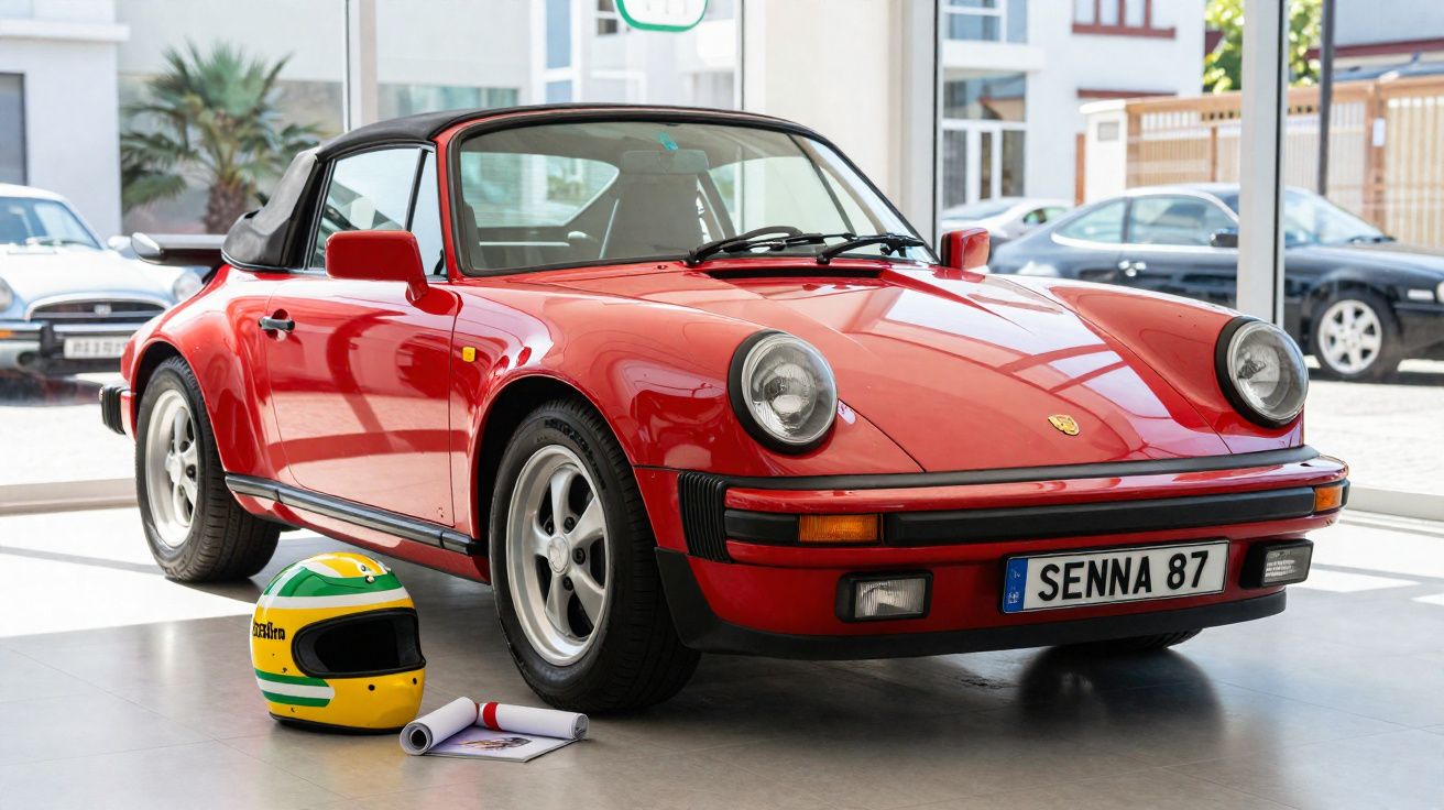 Carro desportivo Porsche clássico vermelho com capota preta, capacete de corrida e documentos no chão ao lado.