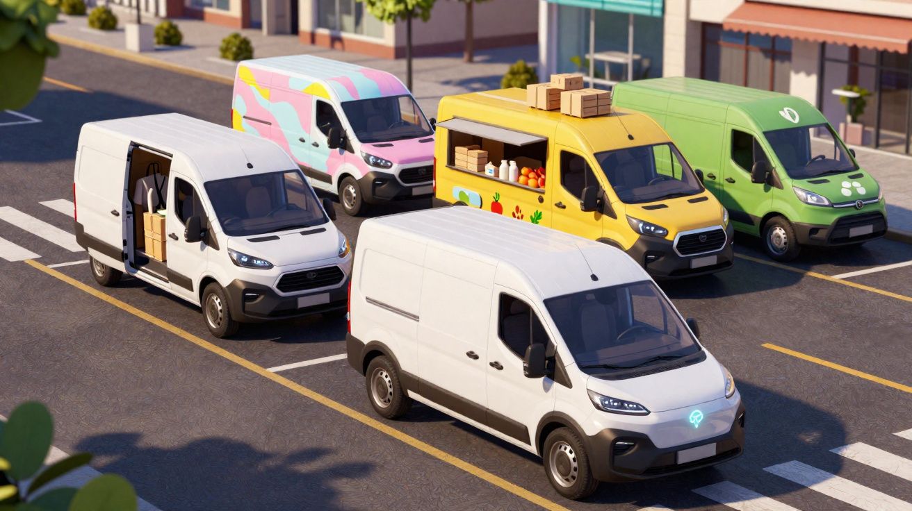 Cinco carrinhas de entrega coloridas paradas numa rua urbana, com caixas e produtos visíveis nas carrinhas.