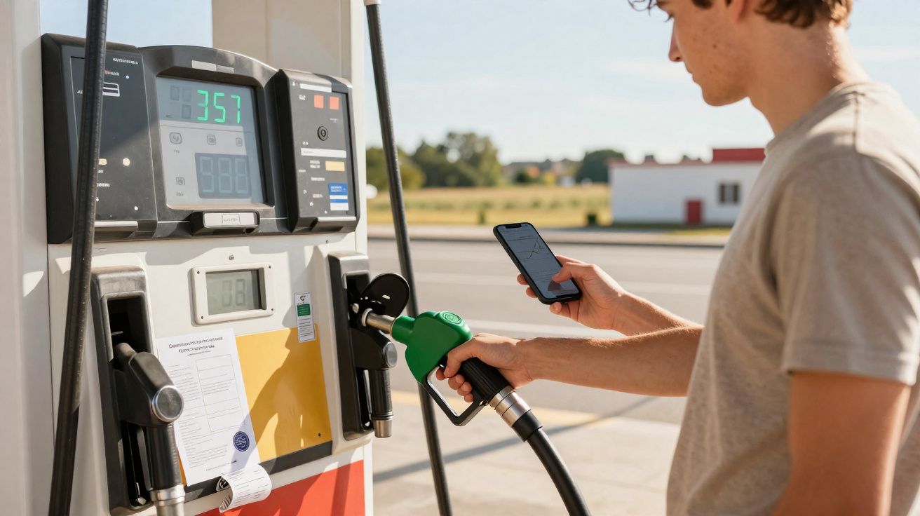 Homem a abastecer carro com gasolina enquanto usa telemóvel numa bomba de combustível ao ar livre.