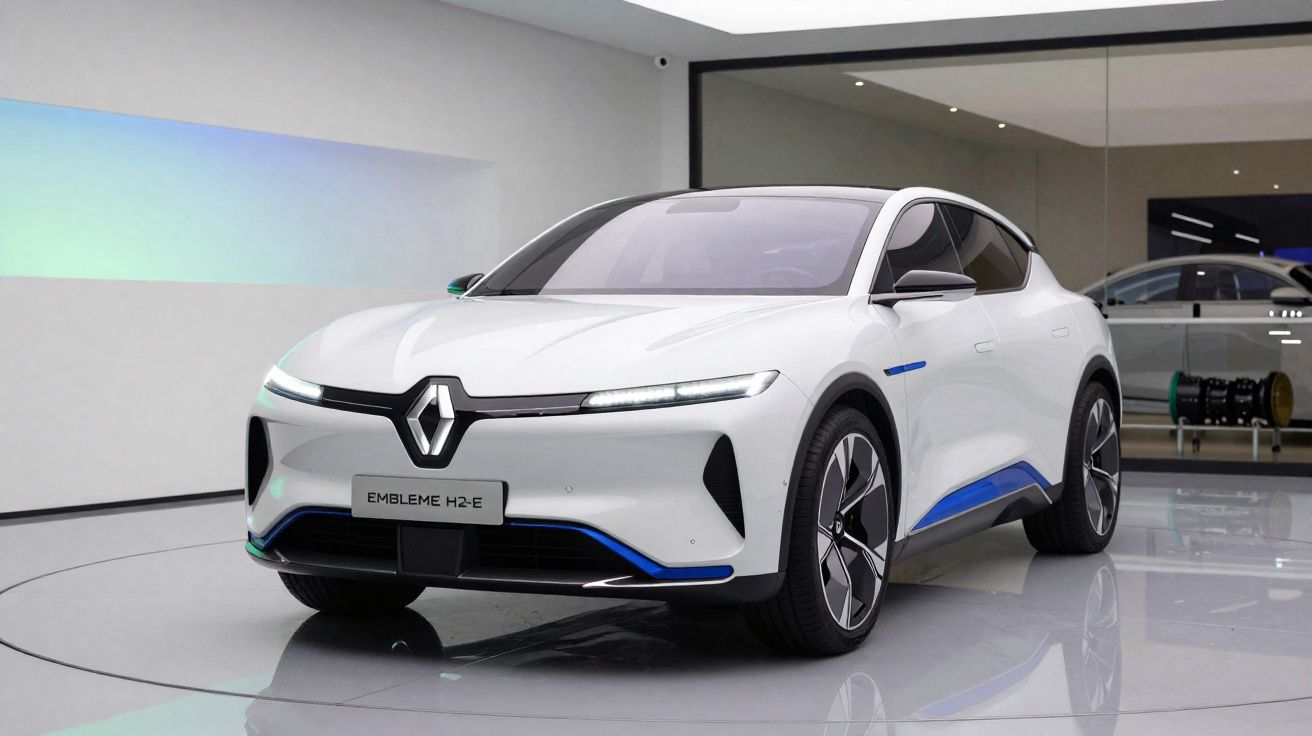 Automóvel eléctrico branco Renault Embleme H2-E exposto numa sala moderna com chão refletor.