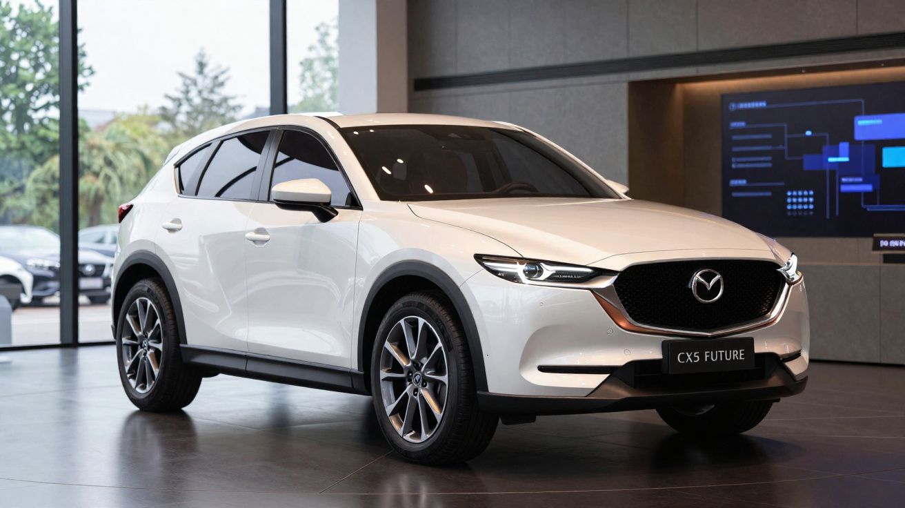 SUV Mazda CX-5 branco estacionado numa sala de exposição moderna com janelas amplas.