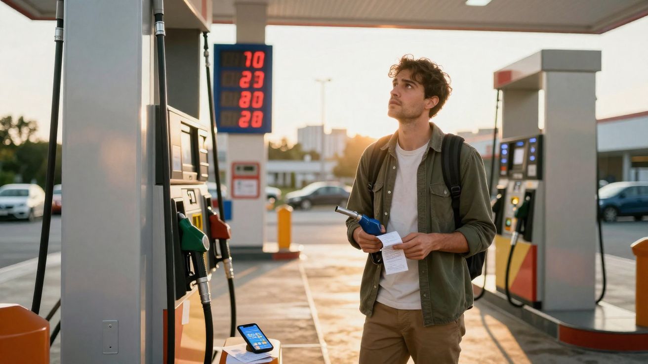 Homem com mochila na mão numa bomba de gasolina, consultando um recibo ao pôr combustível ao pôr do sol.