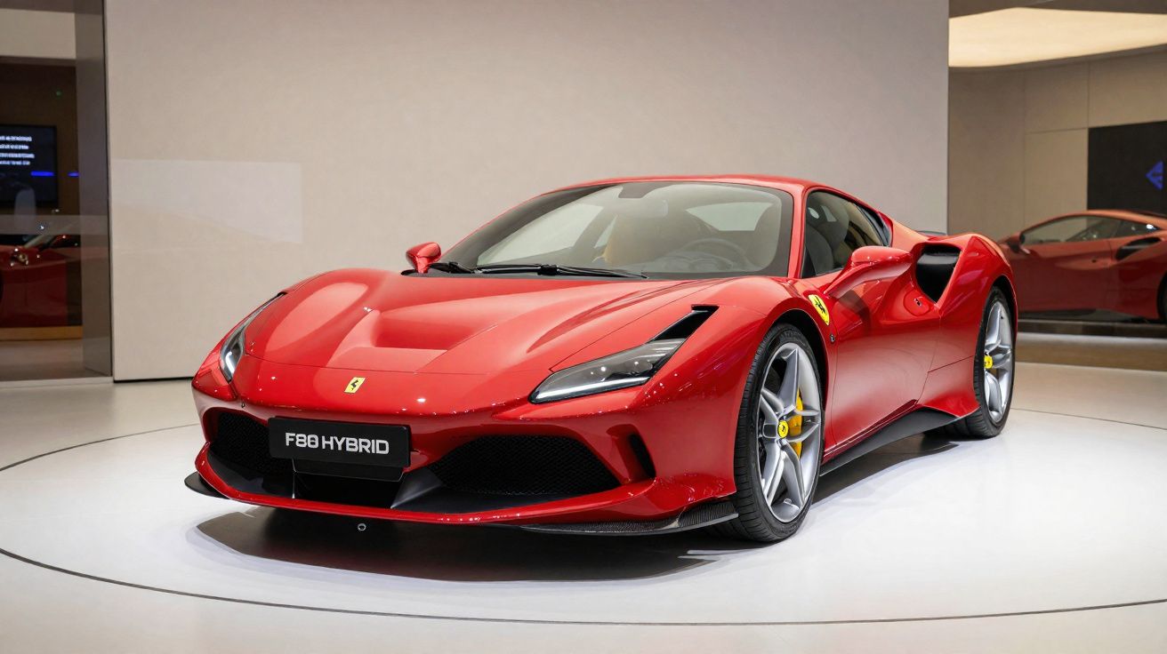 Ferrari F8 Hybrid vermelha exibida em ambiente moderno, vista frontal com rodas cinza e detalhes amarelos.