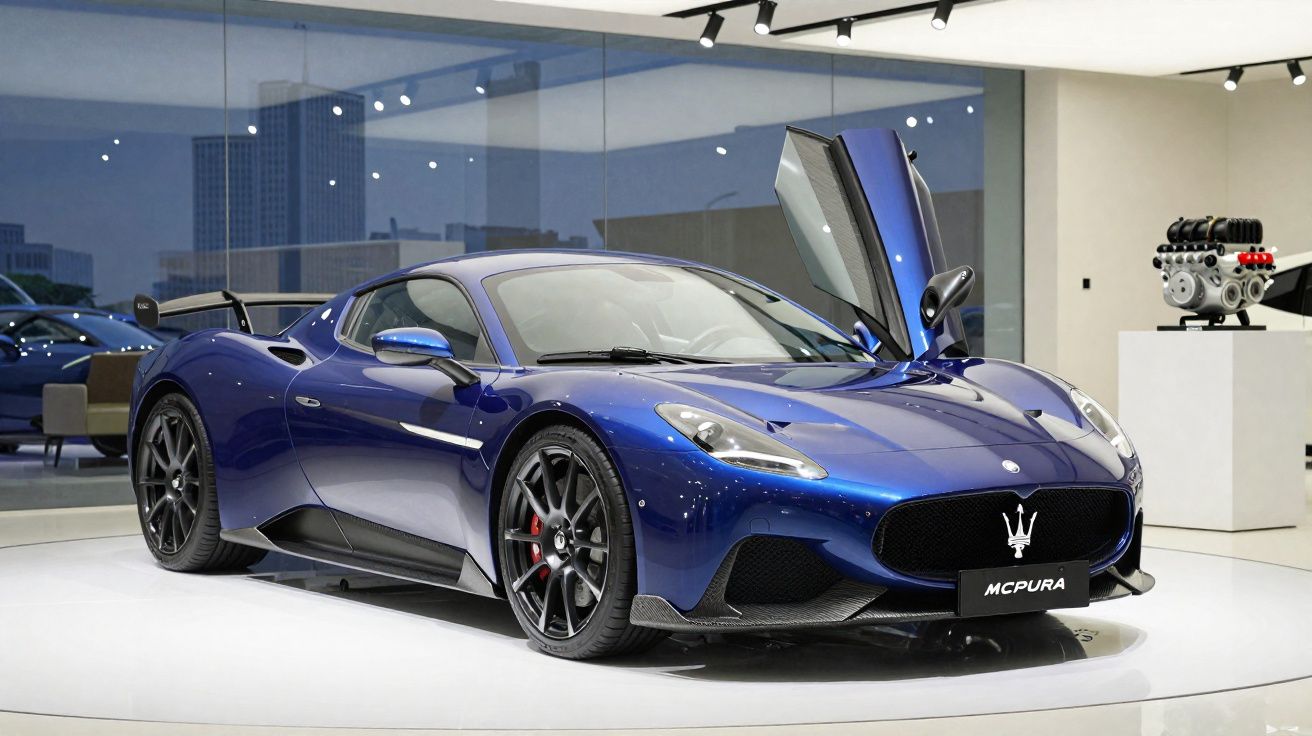 Carro desportivo azul McPura com portas de abertura vertical em exposição num salão moderno.