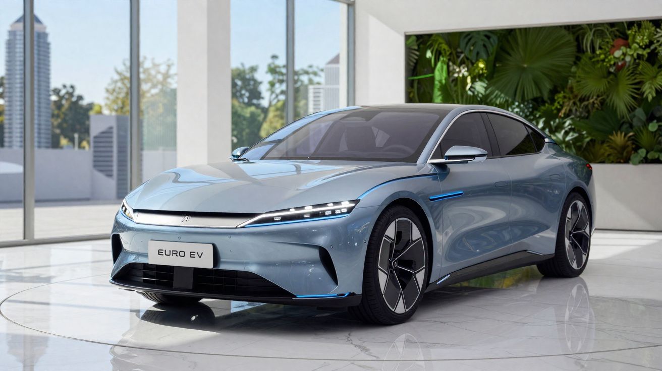 Carro elétrico azul metálico Euro EV estacionado em salão moderno com grandes janelas e plantas verdes.