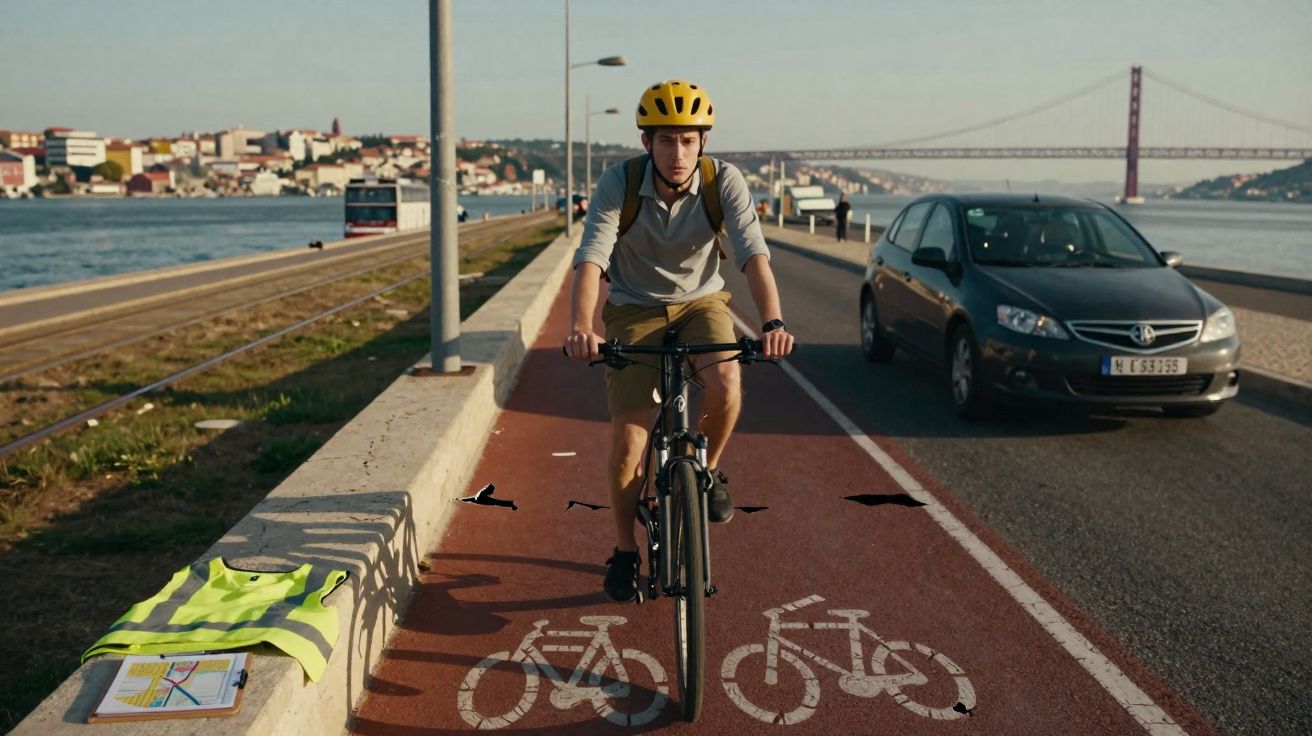 Jovem de capacete amarelo a andar de bicicleta na ciclovia ao lado de estrada com carro e ponte ao fundo.