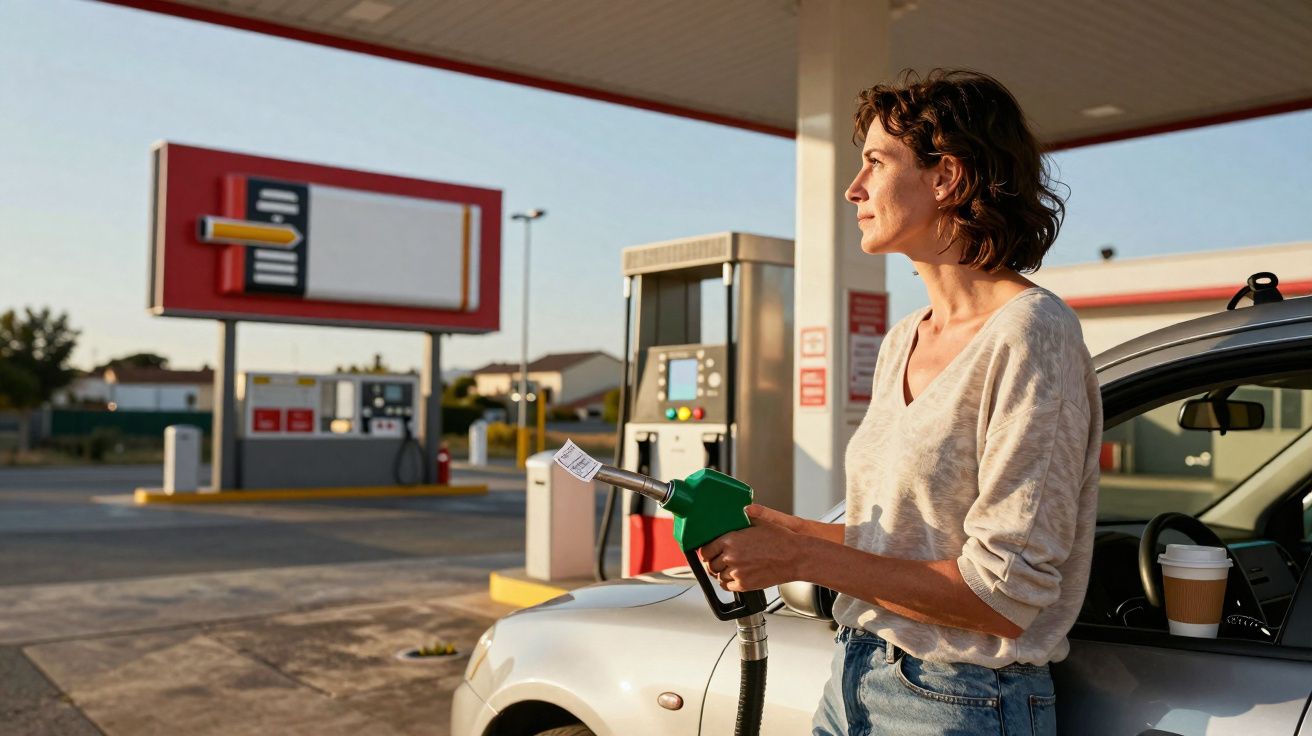 Mulher em posto de combustível, a segurar pistola de combustível junto a carro branco ao entardecer.