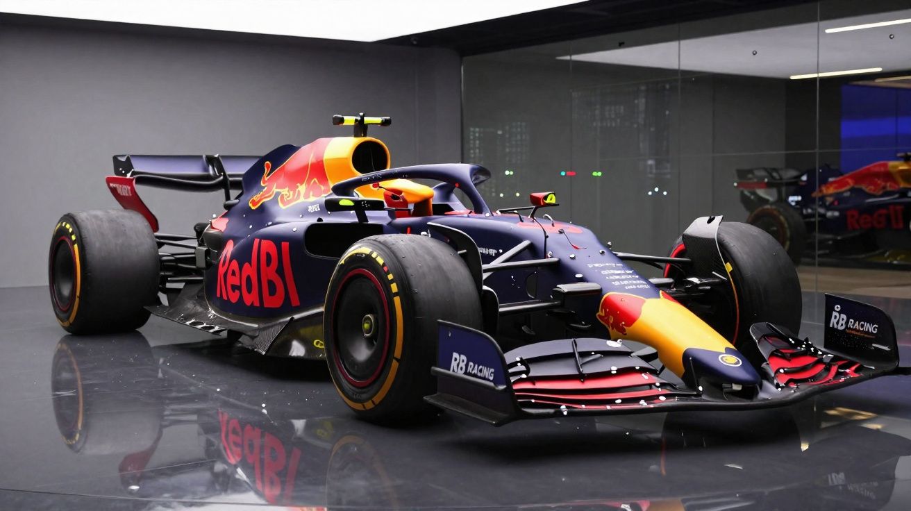 Carro de Fórmula 1 da equipa Red Bull RB Racing, exposto em sala com piso espelhado e parede espelhada.