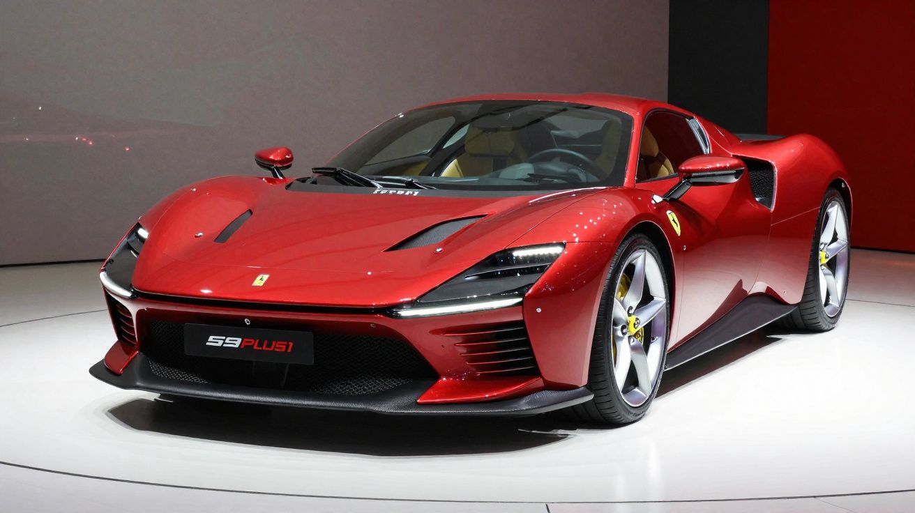 Ferrari SF90 Stradale vermelho brilhante exposto num salão automóvel com fundo cinza e vermelho.