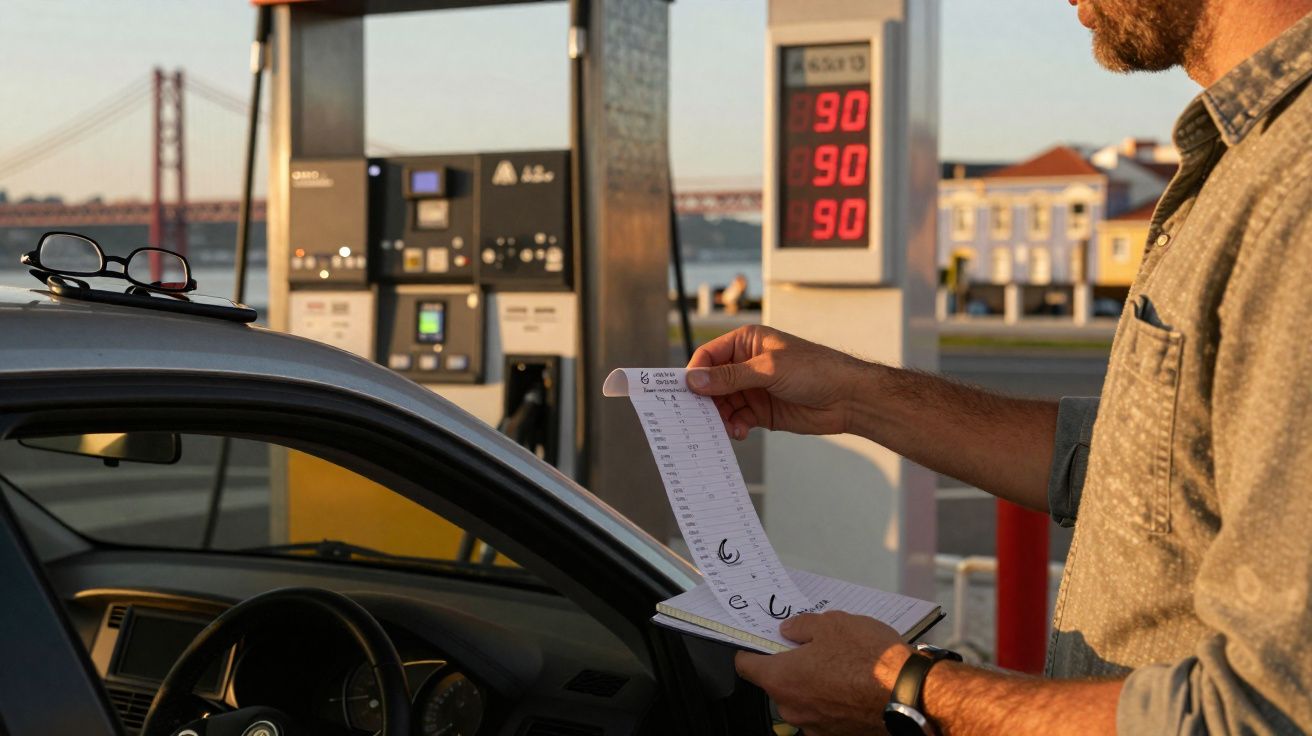 Homem num posto de combustível, a verificar um talão de pagamento, com carro e ponte ao fundo.