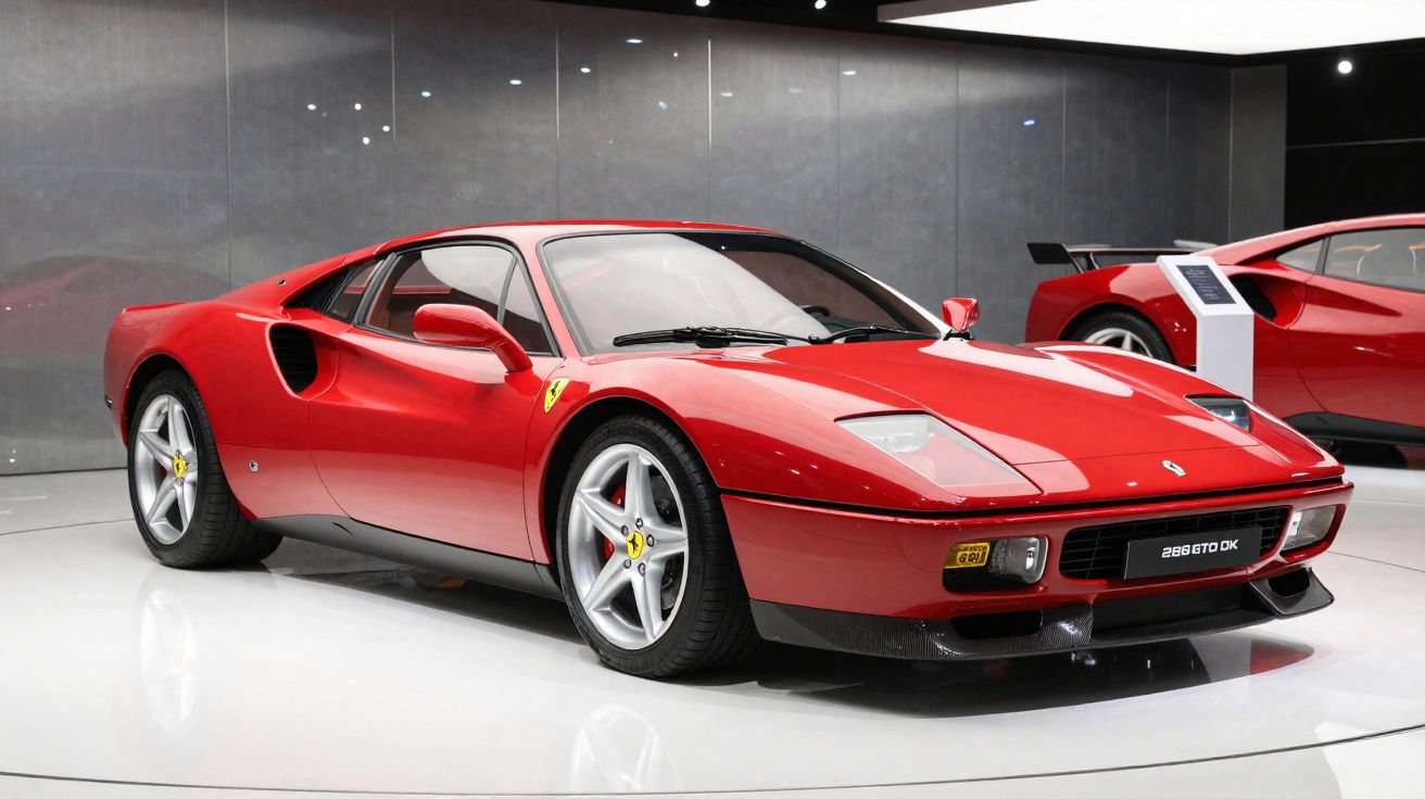 Carro desportivo Ferrari vermelho clássico exposto em museu com paredes cinzentas e chão branco.