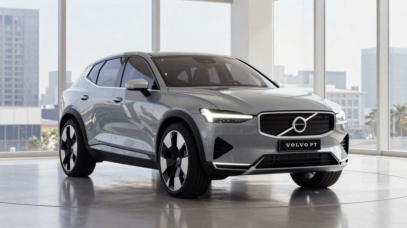 SUV elétrico Volvo cinza estacionado em showroom com janelas amplas e vista urbana ao fundo.
