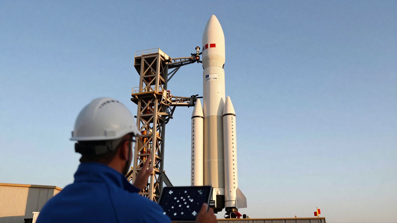 Engenheiro com capacete observa foguetão branco na plataforma de lançamento ao pôr do sol.