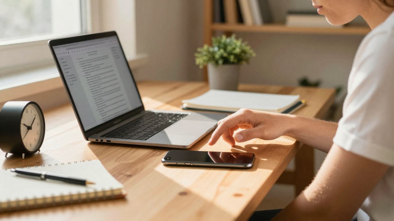 Pessoa a trabalhar num portátil e a usar um telemóvel numa secretária junto a uma janela iluminada.