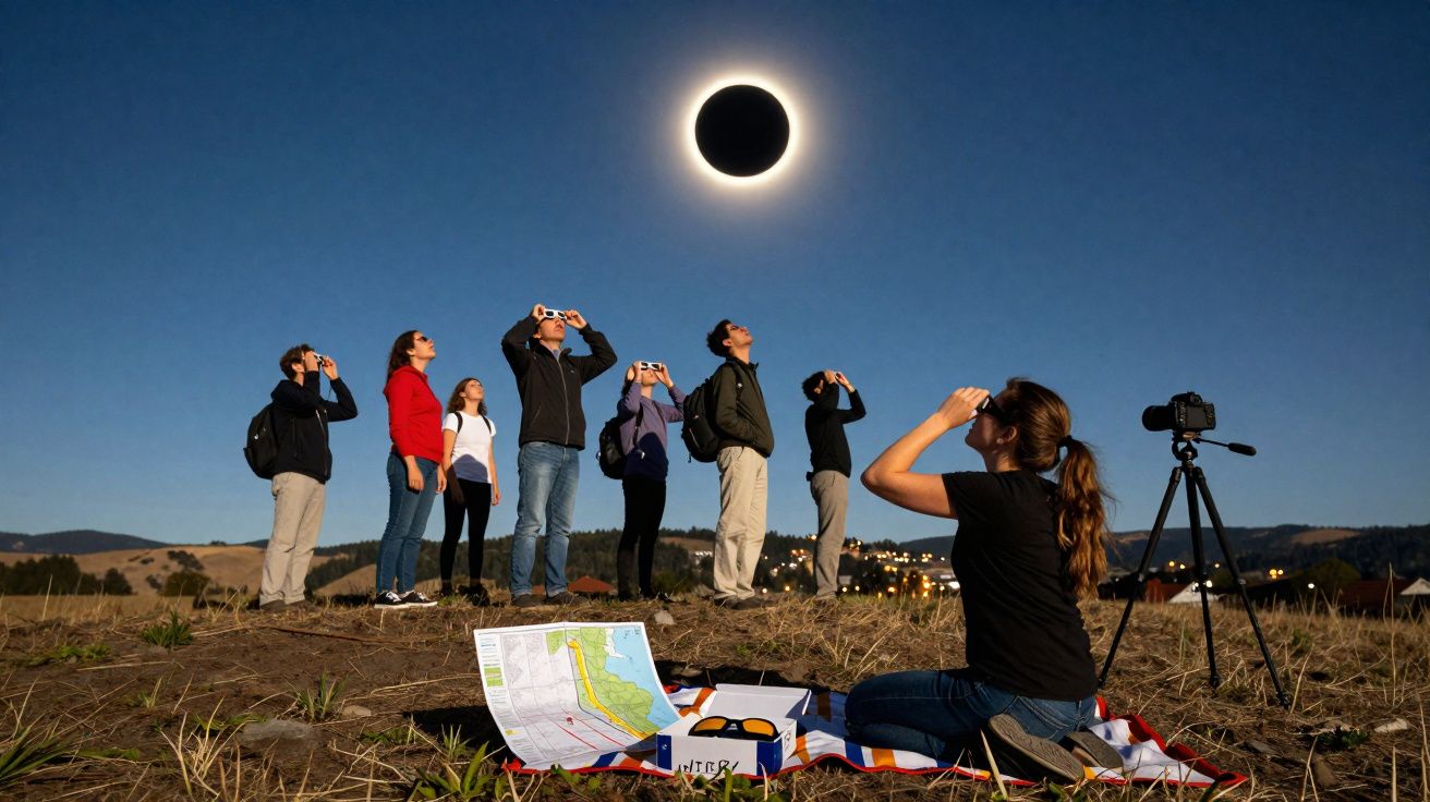 Grupo de pessoas a observar eclipse solar total com óculos especiais em campo aberto ao pôr do sol.