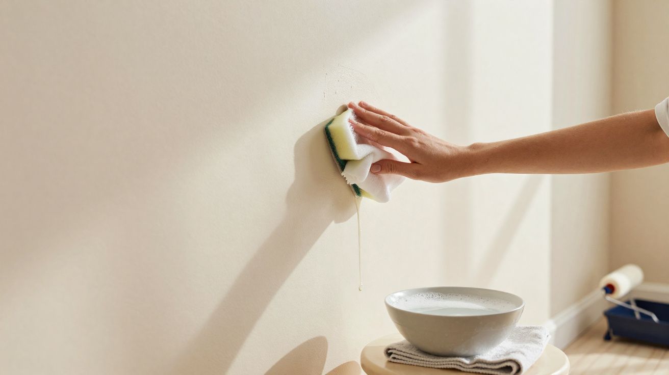 Mão a limpar parede branca com esponja molhada, ao lado de uma tigela com líquido de limpeza sobre banco.