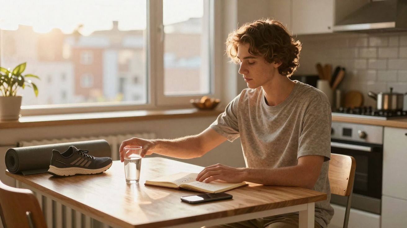 Jovem sentado à mesa em cozinha moderna, lendo livro e pegando um copo de água ao amanhecer.