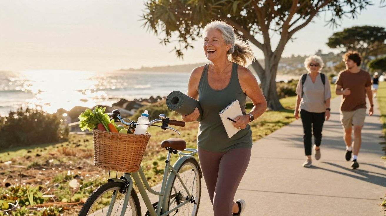 Mulher sénior a caminhar junto ao mar com bicicleta e itens de yoga numa manhã ensolarada.