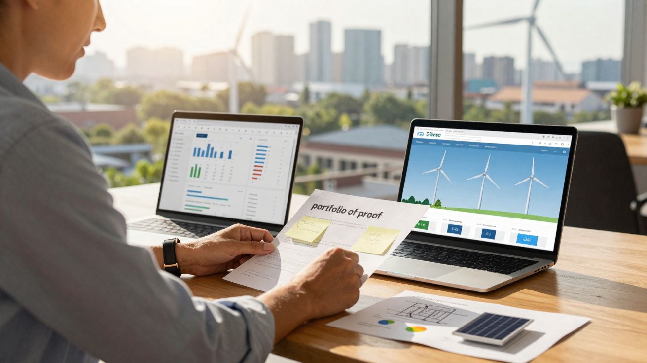 Pessoa a analisar gráficos de energia renovável em dois computadores portáteis e documentos numa mesa com vista para turbinas