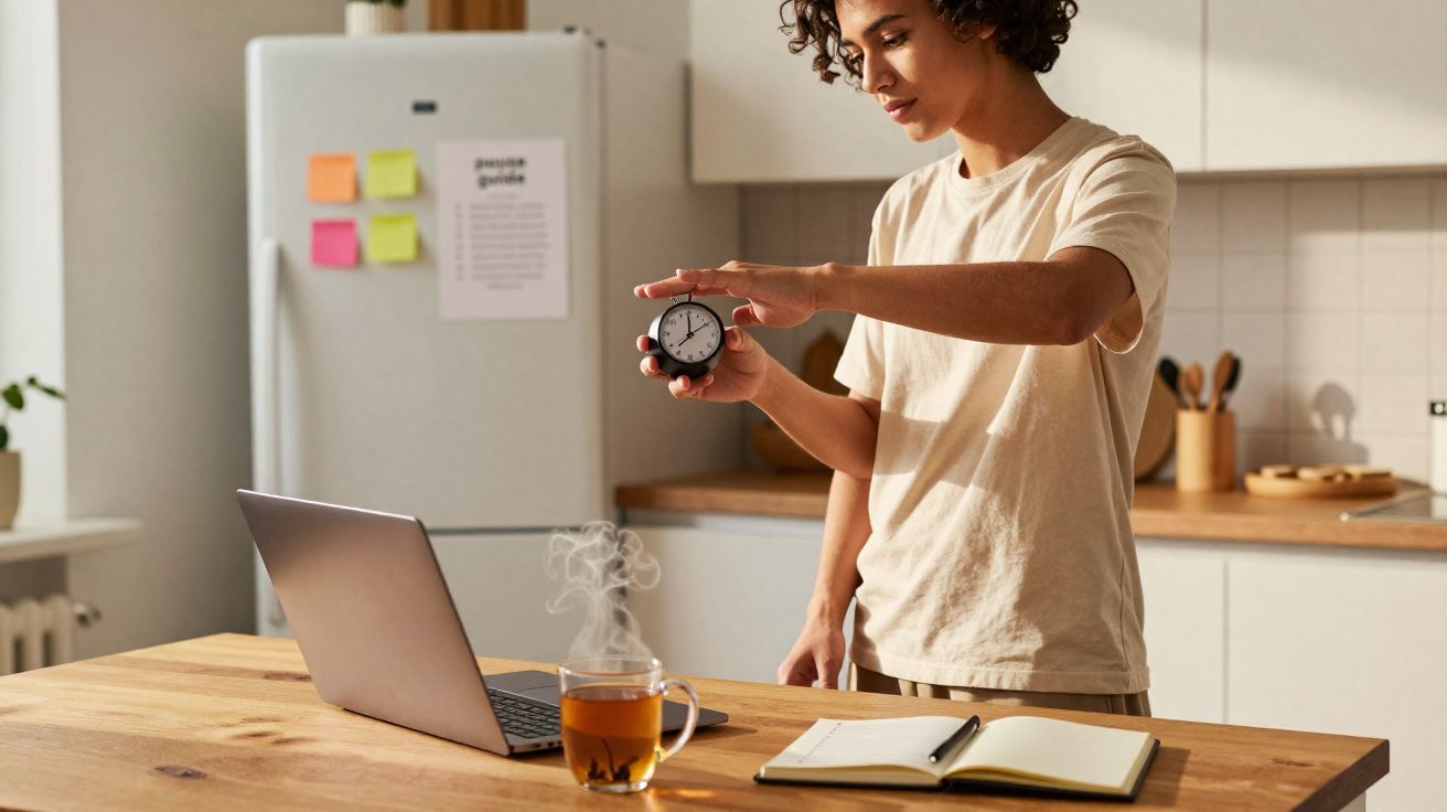 Pessoa a verificar o tempo num temporizador à frente de um portátil e chá fumegante na cozinha.