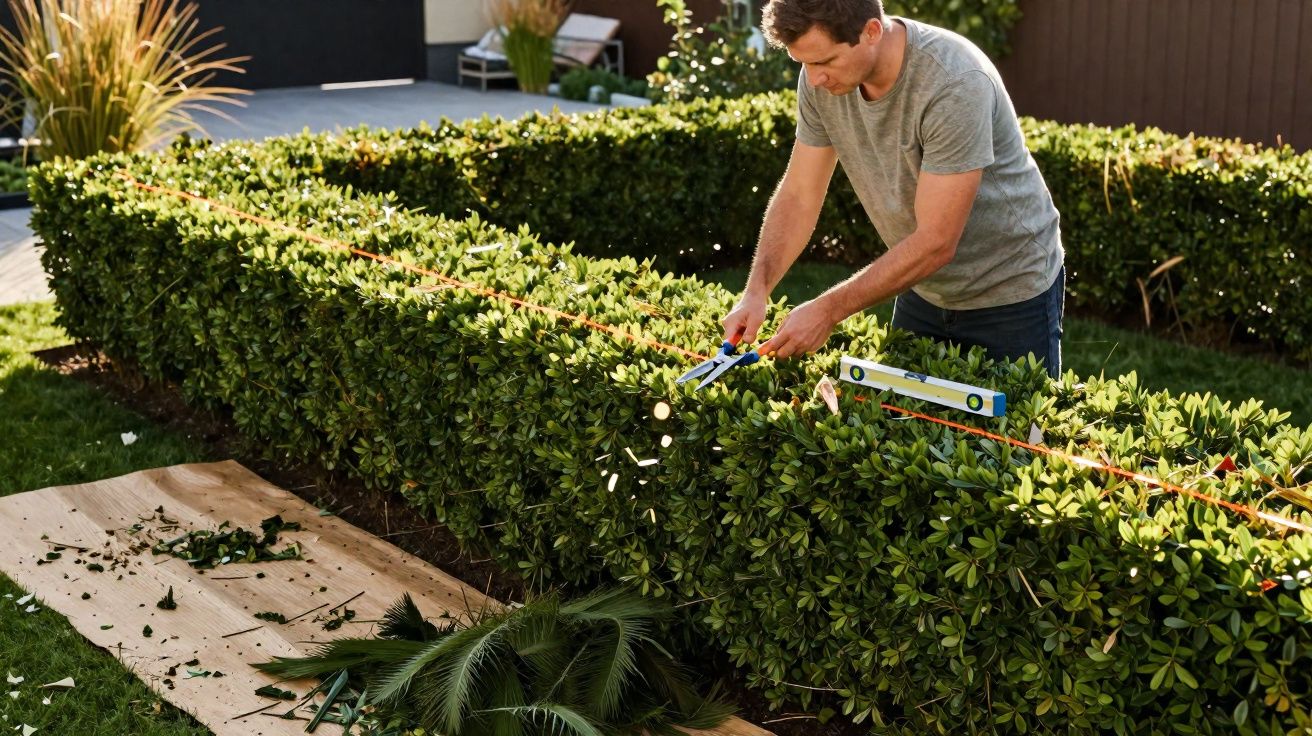 Homem aparando sebe de arbustos verdes num jardim com tesoura e nível de bolha.