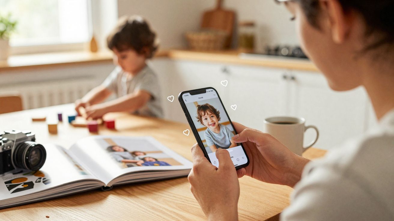 Pessoa a olhar foto de criança sorridente no telemóvel enquanto criança brinca na mesa ao fundo.