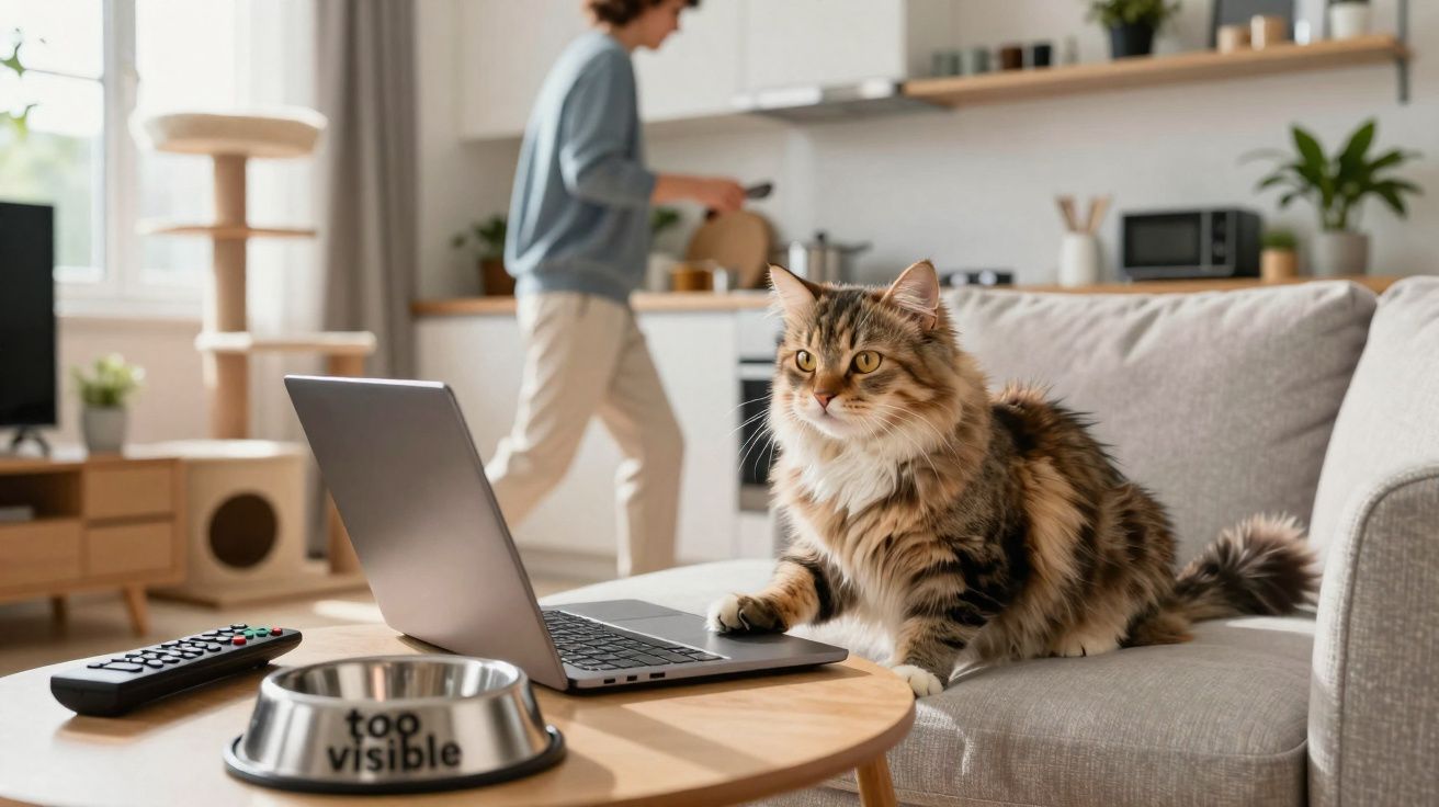 Gato castanho e branco sentado no sofá ao lado de portátil sobre uma mesa numa sala com pessoa ao fundo.