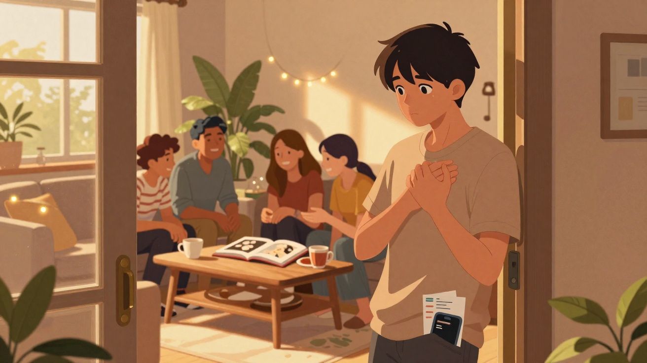 Jovem apreensivo à porta, enquanto grupo de amigos conversa animadamente numa sala acolhedora.