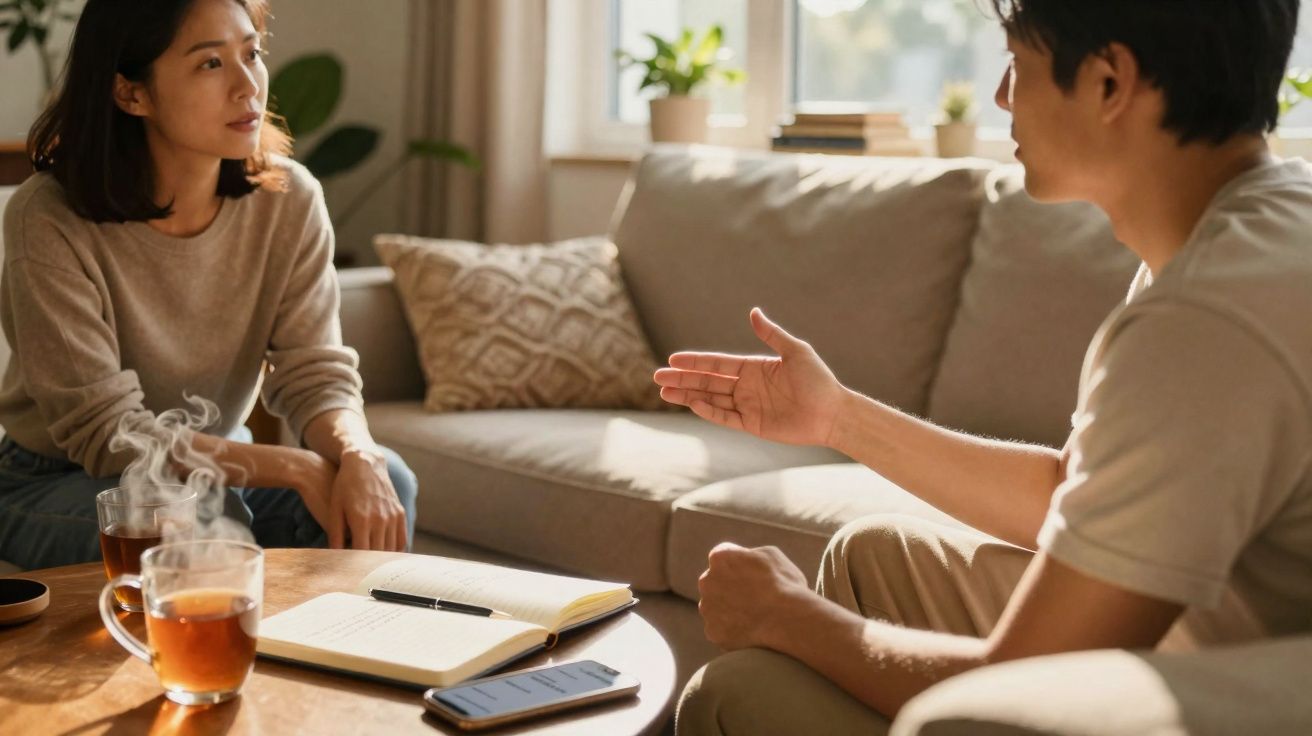 Duas pessoas a conversar sentadas numa sala iluminada, com chá e caderno numa mesa à frente.