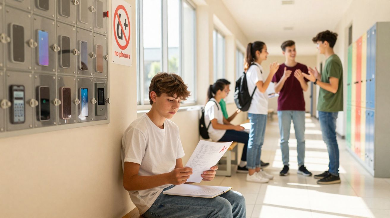 Adolescente sentado no corredor da escola a ler um papel com quatro estudantes ao fundo a conversar.