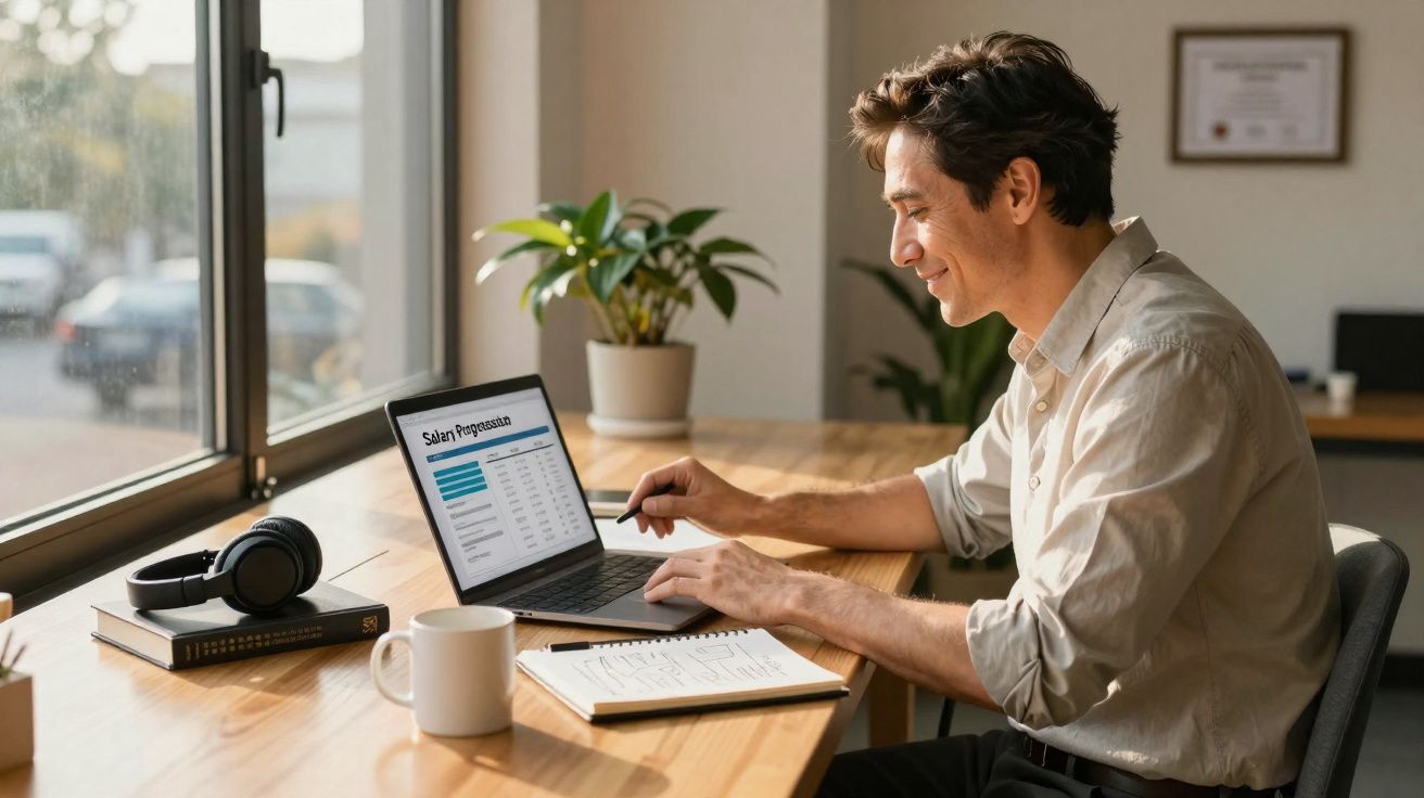 Homem sentado numa secretária em casa, a trabalhar num portátil com gráfico de progressão salarial.