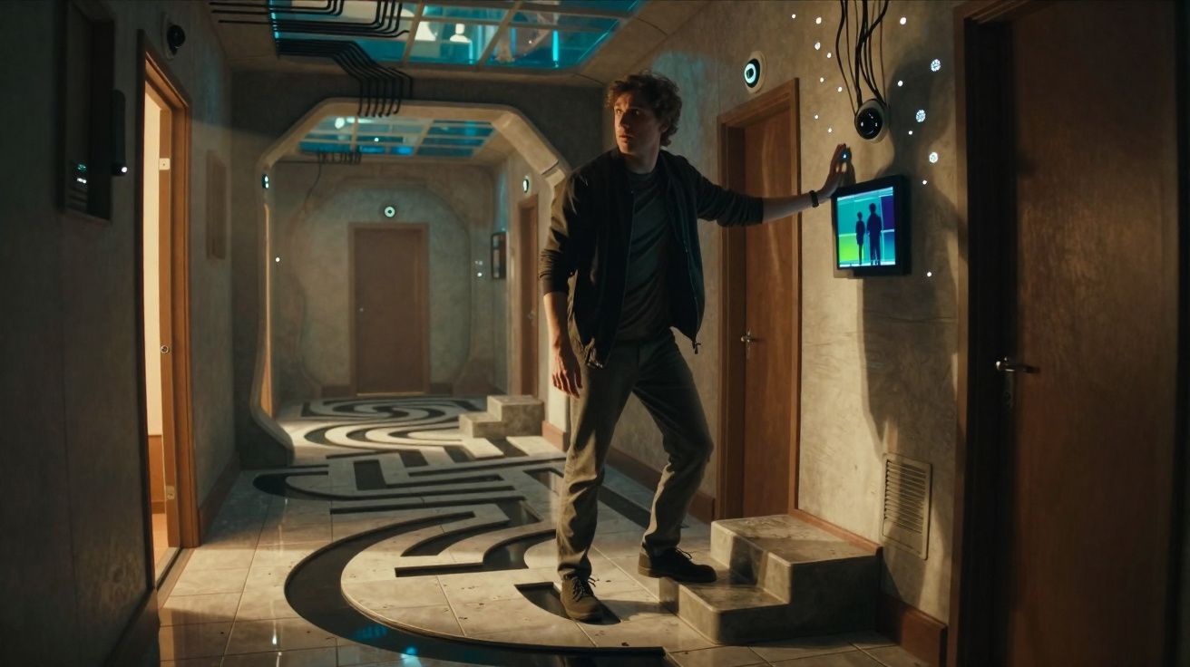 Homem num corredor futurista a tocar ecrã digital na parede junto a portas de quartos.