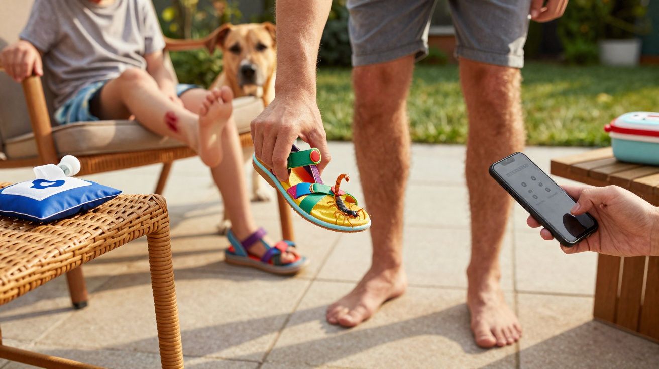 Pessoa segura uma sandália com um escorpião no centro, ao lado de criança sentada e cão ao fundo, no exterior.