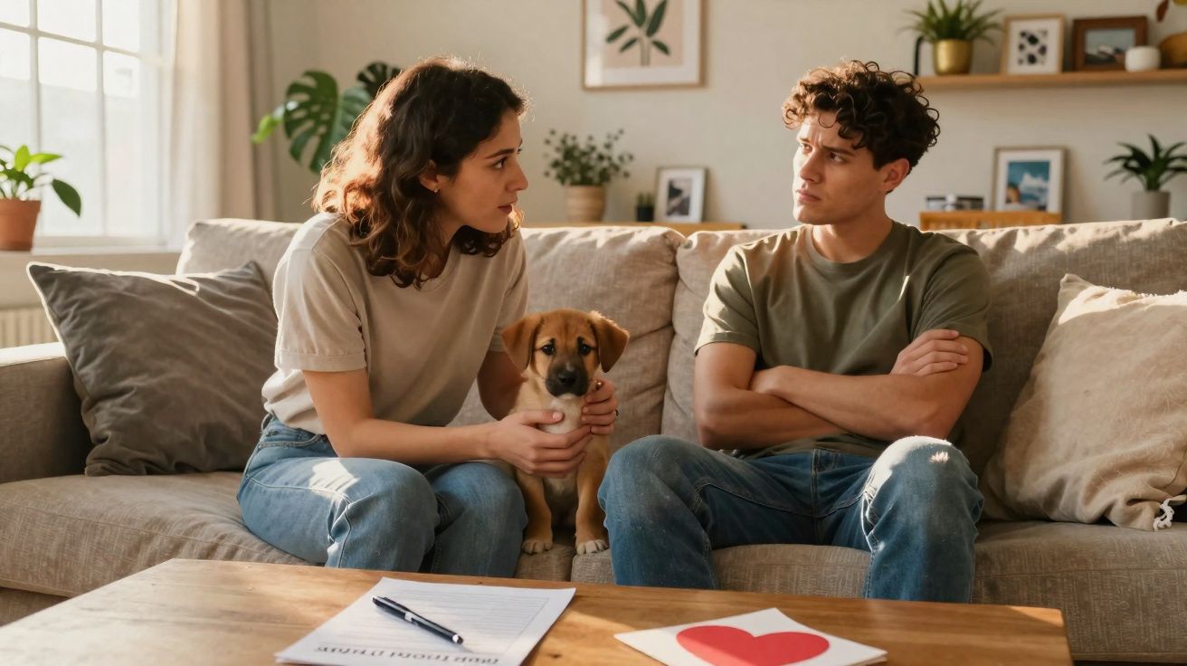 Casal sentado no sofá com cãozinho, em ambiente doméstico, parecendo discutir sério.