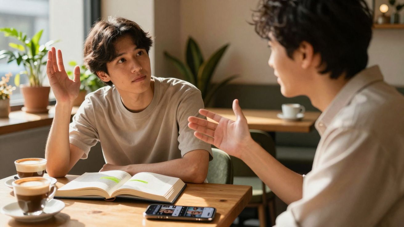 Dois jovens conversam numa mesa de café, com livro aberto e café à sua frente.