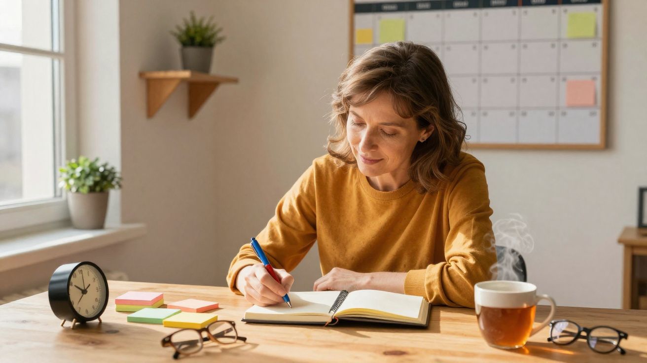 Mulher a escrever num caderno numa mesa com chá quente e relógio, num escritório iluminado pela luz natural.