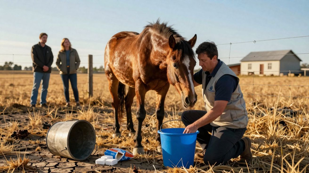 Homem ajoelhado a cuidar de cavalo num campo seco, com duas pessoas a observar ao longe.