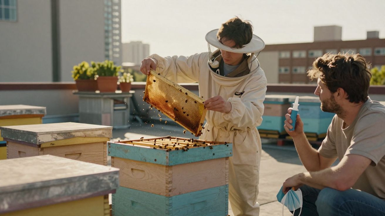 Apicultor a inspeccionar um favo de mel enquanto outra pessoa observa numa loja de colmeias ao ar livre.