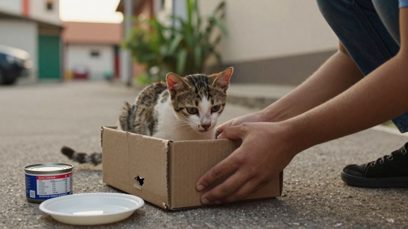 Gato dentro de uma caixa de papelão na rua, com mãos ajustando a caixa e comida ao lado.